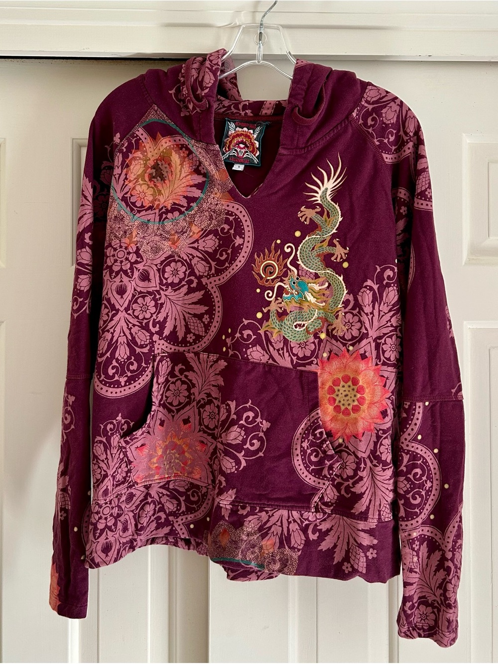 Johnny Was Plum Pullover Hoodie with Multicolor Dragon & Floral Embroidery